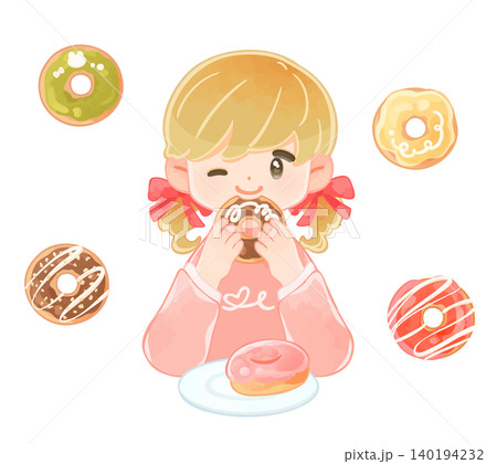 かわいいドーナツを食べる女の子　長袖 140194232