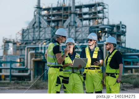 Group of Petroleum Professional Engineer Team Working against Oil Gas Refinery Offshore Survey 140194275