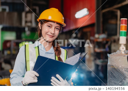 Portrait Engineer female, Woman worker happy smiling, Lady Supervisor plant factory manager safety. Portrait Engineer female, Woman worker happy smiling, Lady Supervisor plant factory manager safety. 140194556
