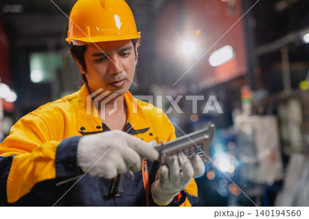 Professional Engineer male worker working check product quality measuring metal part with Vernier. Professional Engineer male worker working check product quality measuring metal part with Vernier. 140194560