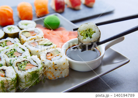 Sushi Maki and Niguiri soy sauce and wasabi Sushi Maki and Niguiri soy sauce and wasabi 140194789