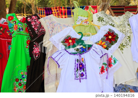 Mayan woman dress embroidery Yucatan Mexico Mayan woman dress embroidery Yucatan Mexico 140194816