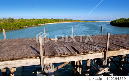 aged tropical wood bridge in Sian Kaan Tulum 140194839