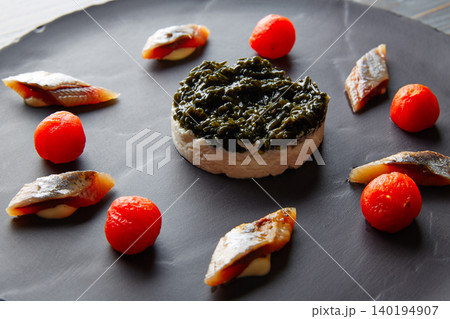 sardine with pannacotta codium and tomato 140194907