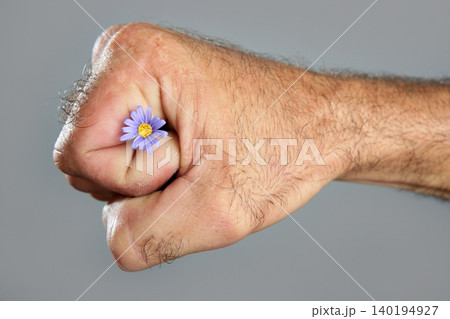 Concept and contrast of hairy man hand and flower Concept and contrast of hairy man hand and flower 140194927