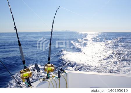 Trolling offshore fisherboat rod reels wake sea Trolling offshore fisherboat rod reels wake sea 140195010