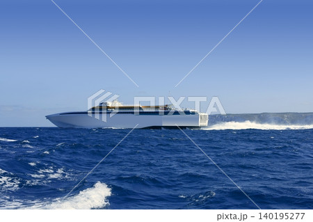 Balearic Islands fast speed Ferry on blue sea Balearic Islands fast speed Ferry on blue sea 140195277