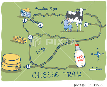 Cheese Trail Map with Dairy Product Drawing 140195386