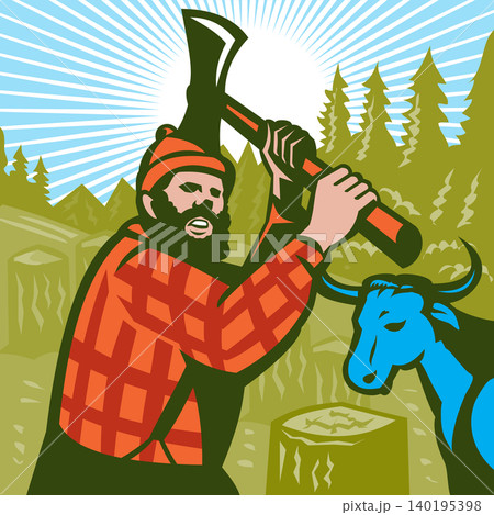 Paul Bunyan and Blue Ox Retro WPA Woodcut Style 140195398