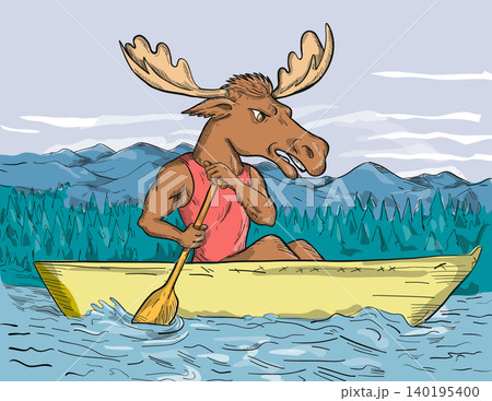 Moose Paddling Canoe Up River Mountain Drawing 140195400