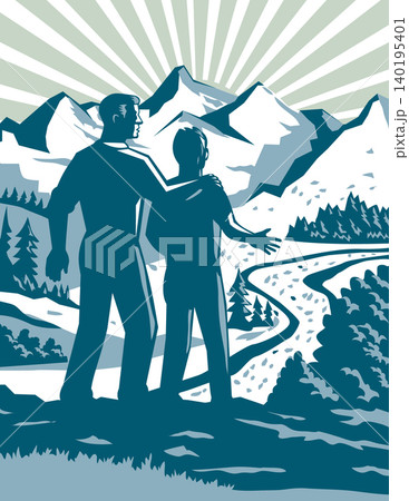 Father and Son Starting Journey Rocky Mountains Woodcut Retro WP Father and Son Starting Journey Rocky Mountains Woodcut Retro WP 140195401