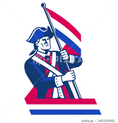 American Patriot Holding Red White and Blue Flag Ribbon Retro Logo 140195402