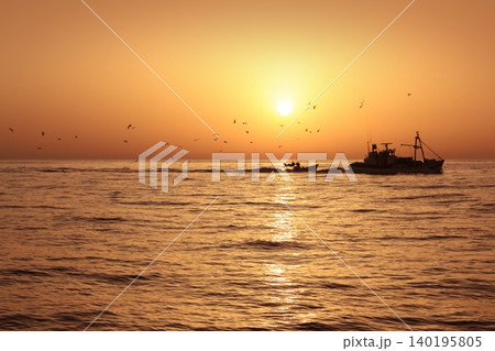 Fisherboat professional sardine catch fishery sunrise Fisherboat professional sardine catch fishery sunrise 140195805