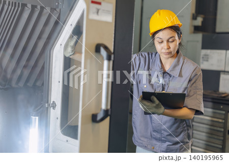 Professional Engineer female worker work control operate CNC machine in heavy industry metal factory Professional Engineer female worker work control operate CNC machine in heavy industry metal factory 140195965