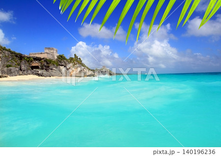 ancient Tulum Mayan ruins view from caribbean sea ancient Tulum Mayan ruins view from caribbean sea 140196236