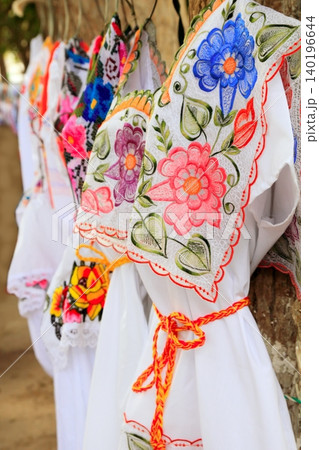 Mayan woman dress embroidery Yucatan Mexico Mayan woman dress embroidery Yucatan Mexico 140196644