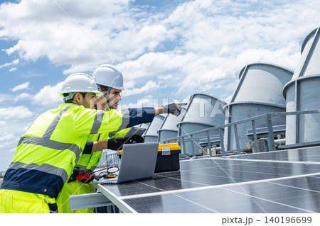 Professional Engineer Team Service Solar Panel. Worker Maintenance Cleaning Replacing Solar Panel. Professional Engineer Team Service Solar Panel. Worker Maintenance Cleaning Replacing Solar Panel. 140196699