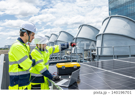 Professional Engineer Team Service Solar Panel. Worker Maintenance Cleaning Replacing Solar Panel. Professional Engineer Team Service Solar Panel. Worker Maintenance Cleaning Replacing Solar Panel. 140196701