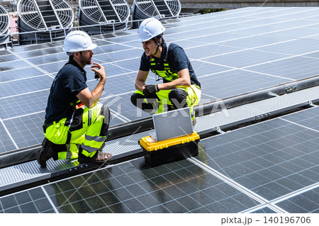 Professional Engineer Team Service Solar Panel. Worker Maintenance Cleaning Replacing Solar Panel. 140196706