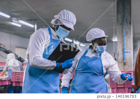 Food hygiene officer inspecting and certifying the cleanliness of fish production product factory, Food hygiene officer inspecting and certifying the cleanliness of fish production product factory, 140196783