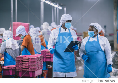Food hygiene officer inspecting and certifying the cleanliness of fish production product factory, 140196789