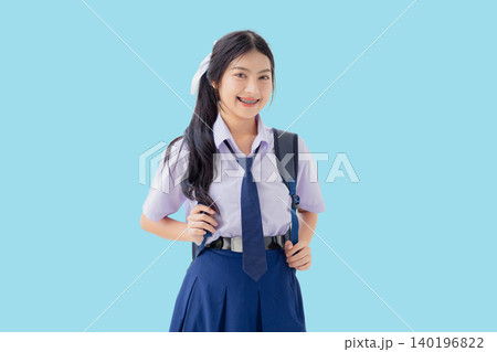Portrait Asian Thai High School Student female happy smile half body isolated with clipping path Portrait Asian Thai High School Student female happy smile half body isolated with clipping path 140196822