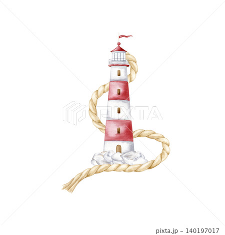 Watercolor lighthouse composition with nautical rope and stones isolated illustration. Hand drawn marine clipart for summer vacation designs, travel invitations and beach-themed party decor. Watercolor lighthouse composition with nautical rope and stones isolated illustration. Hand drawn marine clipart for summer vacation designs, travel invitations and beach-themed party decor. 140197017