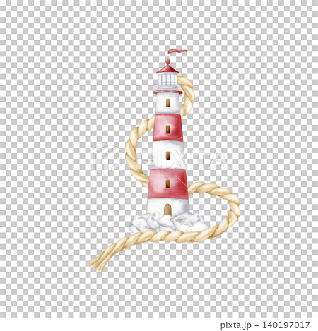 Watercolor lighthouse composition with nautical rope and stones isolated illustration. Hand drawn marine clipart for summer vacation designs, travel invitations and beach-themed party decor. Watercolor lighthouse composition with nautical rope and stones isolated illustration. Hand drawn marine clipart for summer vacation designs, travel invitations and beach-themed party decor. 140197017