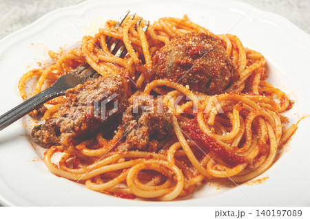 spaghetti with meatballs in tomato sauce, on a white plate, no people, homemade, 140197089