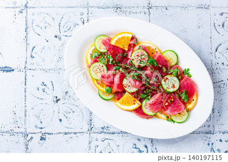 Sicilian tuna crudo, on a white plate, Italian dish, homemade, no people, 140197115