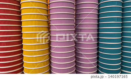 Abstract background of various colorful stacked ripple paper cups for takeaway coffee and tea 140197165