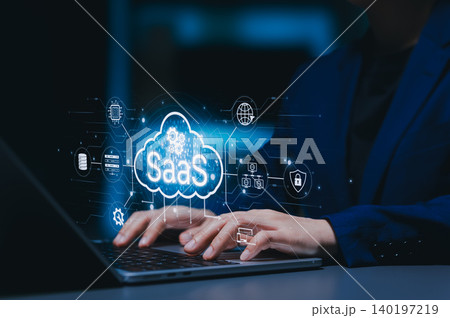 SaaS Software as a Service. cloud computing and software service platform concept. digital cloud, data servers, automation, cybersecurity, network integration, subscription technology, SaaS deployment 140197219
