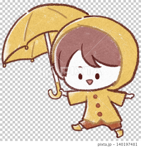 A boy wearing a yellow raincoat and carrying an umbrella. A boy wearing a yellow raincoat and carrying an umbrella. 140197481