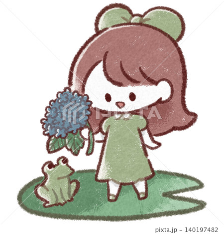 小さなカエルと一緒にハスの葉の上に立つ、紫陽花の花を持った可愛い小さな女の子 140197482