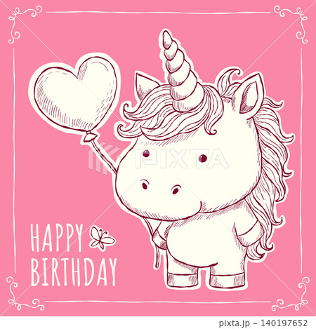 かわいい手描きのユニコーンがハート型の風船を持っている誕生日カード用イラスト, 子供向け誕生日カード 140197652