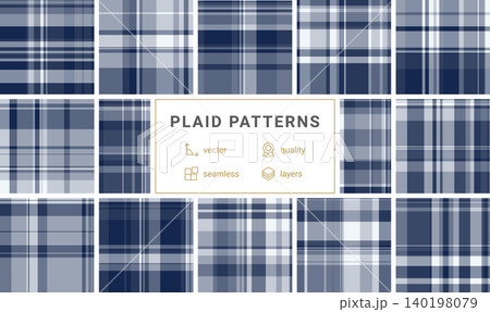 Seamless plaid pattern pack created for summer projects. This tartan vector set suits casual clothing, beachwear, and holiday decor. Perfect for seasonal designs. Seamless plaid pattern pack created for summer projects. This tartan vector set suits casual clothing, beachwear, and holiday decor. Perfect for seasonal designs. 140198079