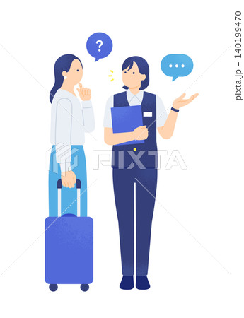 キャリーケースを持つ旅行客の女性を案内する駅員のイラスト素材 140199470