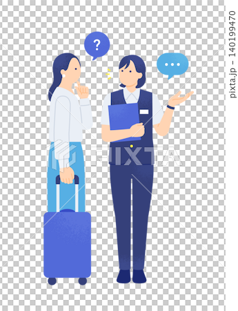 キャリーケースを持つ旅行客の女性を案内する駅員のイラスト素材 140199470