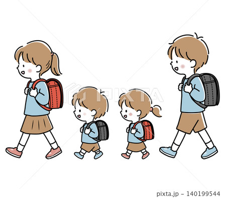 ランドセルを背負った小学生の低学年と高学年のセットのベクターイラスト ランドセルを背負った小学生の低学年と高学年のセットのベクターイラスト 140199544