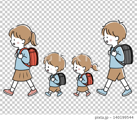 一組小學生向量插圖,包括低年級學生和高年級學生,他們都背著書包。 一組小學生向量插圖,包括低年級學生和高年級學生,他們都背著書包。 140199544