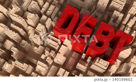 Red Debt Text Rising Above City Maze 3d render. Red Debt Text Rising Above City Maze 3d render. 140199602