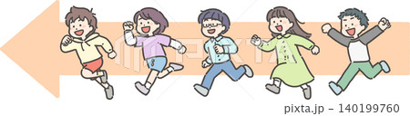 走る小学生の男子と女子（横向き矢印） 140199760