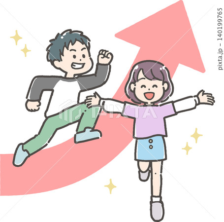 ジャンプする元気な男の子と両手を広げた女の子 ジャンプする元気な男の子と両手を広げた女の子 140199765