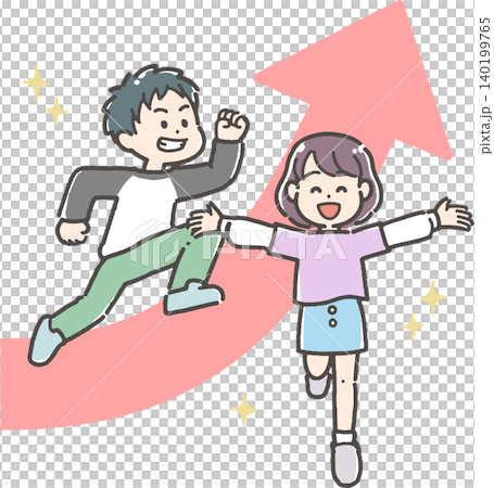 ジャンプする元気な男の子と両手を広げた女の子 ジャンプする元気な男の子と両手を広げた女の子 140199765