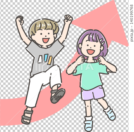 小學中高年級的一男一女在跳躍。 小學中高年級的一男一女在跳躍。 140199768