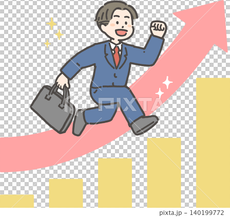 グラフを駆け上がるスーツの男性(新人ビジネスマン) グラフを駆け上がるスーツの男性(新人ビジネスマン) 140199772