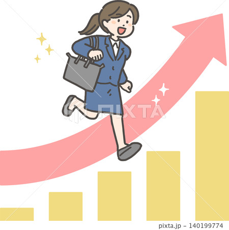 グラフを駆け上がるスーツの女性(新人ビジネスウーマン) グラフを駆け上がるスーツの女性(新人ビジネスウーマン) 140199774