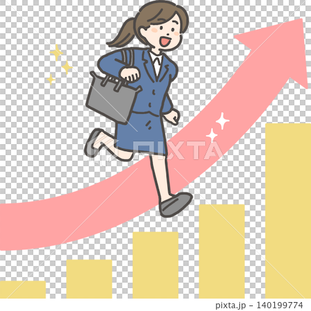 グラフを駆け上がるスーツの女性(新人ビジネスウーマン) グラフを駆け上がるスーツの女性(新人ビジネスウーマン) 140199774