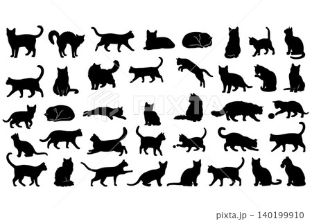 Collection of cat silhouette poses isolated on white background. Set includes sitting, walking, jumping, sleeping, stretching, and playful domestic cat silhouettes for design projects Collection of cat silhouette poses isolated on white background. Set includes sitting, walking, jumping, sleeping, stretching, and playful domestic cat silhouettes for design projects 140199910