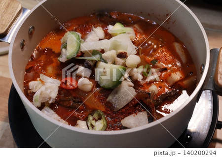 Spicy Korean Soup with Vegetables in Pot Spicy Korean Soup with Vegetables in Pot 140200294